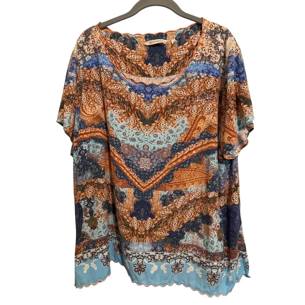 Soft Surroundings Sharron Short Sleeve‎ Papaya Blues Top Artsy Everyday Boho 2X